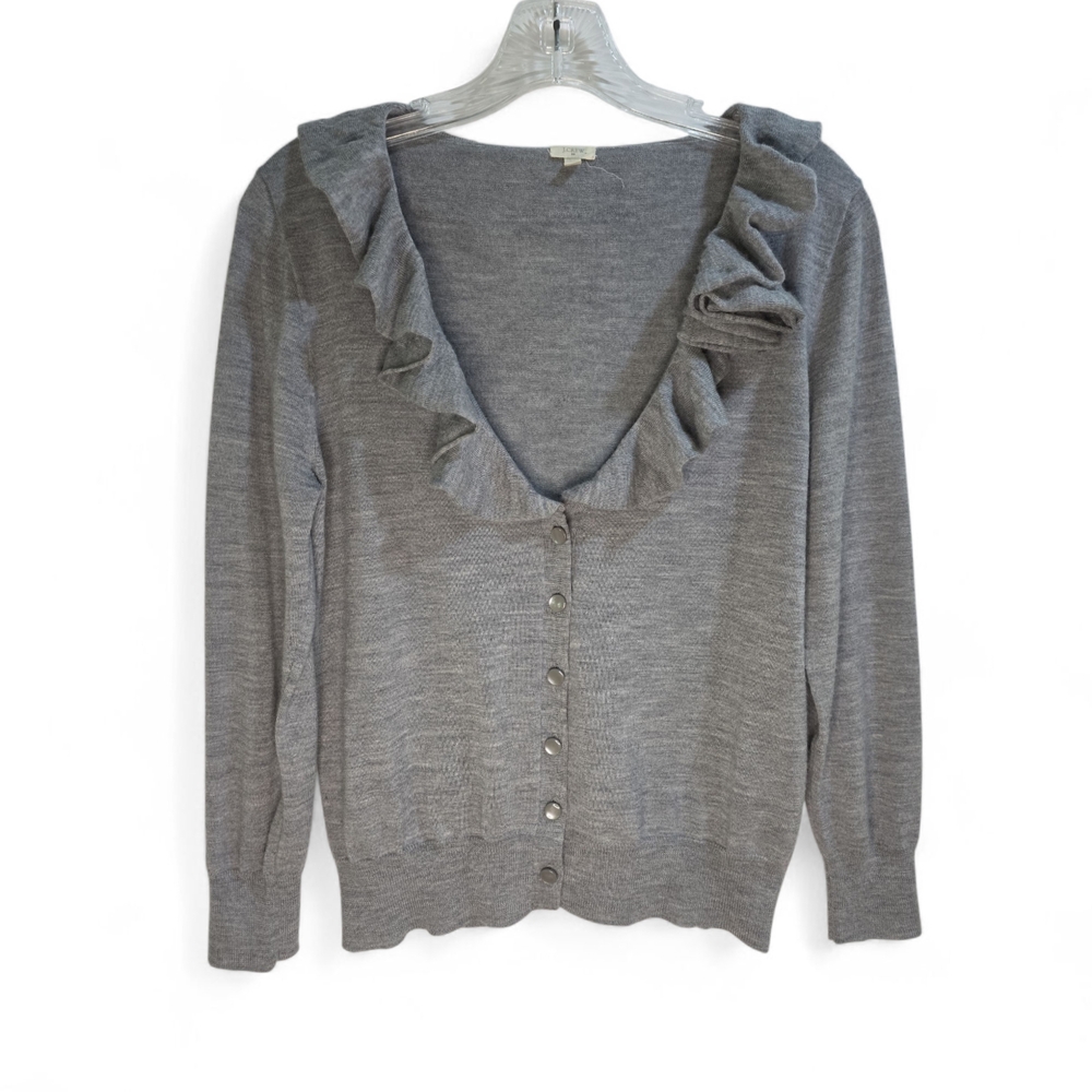 J. Crew Gray Ruffled Cardigan Merino‎ Wool Lightweight Size Medium V-Neck